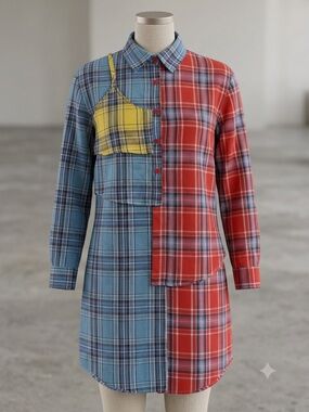 Cherry Mellow Colorblock Asymmetrical Plaid Button Down Tunic- Size Small